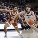 
              Gonzaga forward Drew Timme, right, drives to the basket while pressured by Texas forward Brock Cunningham during the second half of an NCAA college basketball game Saturday, Nov. 13, 2021, in Spokane, Wash. (AP Photo/Young Kwak)
            