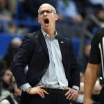 
              Connecticut head coach Dan Hurley reacts in the first half of an NCAA college basketball game against Maryland-Eastern Shore, Tuesday, Nov. 30, 2021, in Hartford, Conn. (AP Photo/Jessica Hill)
            