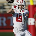 
              Wisconsin safety John Torchio (15) makes a catch during warm up before an NCAA college football game against Rutgers on Saturday, Nov. 6, 2021, in Piscataway, N.J. (AP Photo/Noah K. Murray)
            