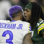 
              Green Bay Packers' Davante Adams talks to Los Angeles Rams' Odell Beckham Jr. after an NFL football game Sunday, Nov. 28, 2021, in Green Bay, Wis. The Packers won 36-28. (AP Photo/Matt Ludtke)
            
