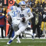 
              Detroit Lions quarterback Jared Goff (16) looks to pass during the second half of an NFL football game against the Pittsburgh Steelers in Pittsburgh, Sunday, Nov. 14, 2021. (AP Photo/Don Wright)
            