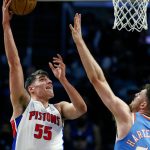 
              Detroit Pistons center Luka Garza (55) shoots against Los Angeles Clippers center Isaiah Hartenstein (55) during the second half of an NBA basketball game Friday, Nov. 26, 2021, in Los Angeles. The Clippers won 107-96. (AP Photo/Ringo H.W. Chiu)
            