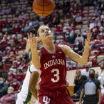 
              Indiana guard Grace Waggoner (3) concentrates on the ball as she goes after a rebound during the second half of an NCAA college basketball game against Norfolk State, Tuesday, Nov. 16, 2021, in Bloomington, Ind. (AP Photo/Doug McSchooler)
            