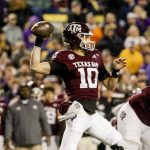 
              Texas A&M quarterback Zach Calzada (10) looks to throw a pass against LSU during the first quarter of an NCAA college football game in Baton Rouge, La., Saturday, Nov. 27, 2021. (AP Photo/Derick Hingle)
            
