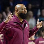 
              Florida State head coach Leonard Hamilton disputes a ruling by officials during the first half of an NCAA college basketball game against Florida, Sunday, Nov. 14, 2021, in Gainesville, Fla. (AP Photo/John Raoux)
            