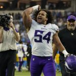 
              Minnesota Vikings middle linebacker Eric Kendricks (54) celebrates as he leaves the field after a 27-20 win over the Los Angeles Chargers in an NFL football game Sunday, Nov. 14, 2021, in Inglewood, Calif. (AP Photo/Marcio Jose Sanchez)
            