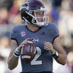 
              Mississippi State quarterback Will Rogers (2) looks for an open receiver during the second half of an NCAA college football game against Tennessee State, Saturday, Nov. 20, 2021, in Starkville, Miss. Mississippi State won 55-10. (AP Photo/Rogelio V. Solis)
            