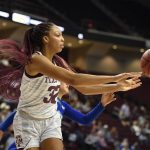 
              Texas A&M forward Aaliyah Patty (32) passes the ball during the first half of an NCAA college basketball game against Texas A&M Corpus Christi, Tuesday, Nov. 9, 2021, in College Station, Texas. (AP Photo/Justin Rex)
            