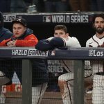 
              Members of the Atlanta Braves watch during the ninth inning in Game 5 of baseball's World Series between the Houston Astros and the Atlanta Braves Monday, Nov. 1, 2021, in Atlanta. (AP Photo/David J. Phillip)
            