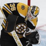 
              Boston Bruins' Linus Ullmark blocks a shot during the first period of the team's NHL hockey game against the Detroit Red Wings, Tuesday, Nov. 30, 2021, in Boston. (AP Photo/Michael Dwyer)
            