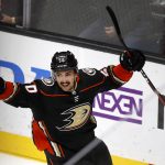 
              Anaheim Ducks center Benoit-Olivier Groulx celebrates after scoring an empty-net goal against the St. Louis Blues during the third period of an NHL hockey game in Anaheim, Calif., Sunday, Nov. 7, 2021. The goal was the first career goal for Groulx. (AP Photo/Alex Gallardo)
            