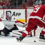 
              Washington Capitals goalie Zach Fucale stops a Detroit Red Wings left wing Tyler Bertuzzi (59) shot in the second period of an NHL hockey game Thursday, Nov. 11, 2021, in Detroit. (AP Photo/Paul Sancya)
            
