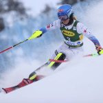 
              United States' Mikaela Shiffrin competes during the first run of an alpine ski, World Cup women's slalom in Levi, Finland, Saturday, Nov. 20, 2021. (AP Photo/Alessandro Trovati)
            