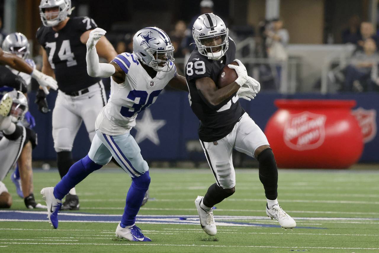 Dallas Cowboys cornerback Anthony Brown (30) moves in to make the stop after Las Vegas Raiders wide...