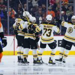 
              Boston Bruins' players celebrate after a goal by Derek Forbort during the second period of an NHL hockey game against the Philadelphia Flyers, Saturday, Nov. 20, 2021, in Philadelphia. (AP Photo/Matt Slocum)
            