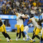 
              Pittsburgh Steelers quarterback Ben Roethlisberger is sacked by Los Angeles Chargers defensive end Joey Bosa during the second half of an NFL football game Sunday, Nov. 21, 2021, in Inglewood, Calif. (AP Photo/Marcio Jose Sanchez)
            