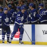 
              Toronto Maple Leafs center Auston Matthews (34) celebrates with teammates after scoring against the Los Angeles Kings during the second period of an NHL hockey game in Los Angeles, Wednesday, Nov. 24, 2021. (AP Photo/Alex Gallardo)
            