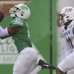 
              North Texas wide receiver Khatib Lyles makes a catch while being defended by UTSA safety Kelechi Nwachuku during the second half of an NCAA college football game in Denton, Texas, Saturday, Nov. 27, 2021. (AP Photo/Andy Jacobsohn)
            
