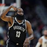 
              Brooklyn Nets guard James Harden (13) reacts after making a 3-point basket in the second half of an NBA basketball game against the New Orleans Pelicans in New Orleans, Friday, Nov. 12, 2021. The Nets won 120-112. (AP Photo/Gerald Herbert)
            