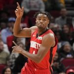 
              Houston Rockets forward Danuel House Jr. reacts after his dunk during the first half of an NBA basketball game against the Charlotte Hornets, Saturday, Nov. 27, 2021, in Houston. (AP Photo/Eric Christian Smith)
            