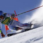 
              United States' Mikaela Shiffrin speeds down the course during an alpine ski, women's World Cup giant slalom, in Soelden, Austria, Saturday, Oct. 23, 2021. (AP Photo/Marco Trovati)
            