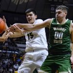 
              Purdue center Zach Edey (15) and Wright State forward Grant Basile (0) go for a rebound during the second half of an NCAA college basketball game in West Lafayette, Ind., Tuesday, Nov. 16, 2021. Purdue won 96-52. (AP Photo/Michael Conroy)
            