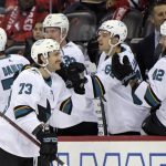
              San Jose Sharks center Noah Gregor (73) celebrates his goal with teammates during the first period of an NHL hockey game against the New Jersey Devils, Tuesday, Nov. 30, 2021, in Newark, N.J. (AP Photo/Bill Kostroun)
            