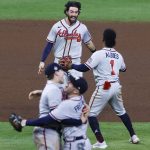 
              Atlanta Braves shortstop Dansby Swanson, second baseman Ozzie Albies, Austin Riley and Freddie Freeman celebrate winning the World Series against the Houston Astros on Tuesday, Nov. 2, 2021 at Minute Maid Park. (Kevin M. Cox/The Galveston County Daily News via AP)
            