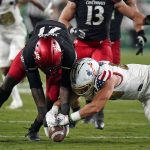 
              South Florida tight end Mitchell Brinkman, right, beats Cincinnati defensive lineman Myjai Sanders to a fumble by quarterback Timmy McClain during the first half of an NCAA college football game Friday, Nov. 12, 2021, in Tampa, Fla. (AP Photo/Chris O'Meara)
            