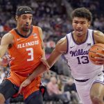
              Kansas State's Mark Smith (13) drives under pressure from Illinois' Jacob Grandison (3) during the first half of an NCAA college basketball game Tuesday, Nov. 23, 2021, in Kansas City, Mo. (AP Photo/Charlie Riedel)
            