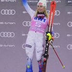 
              United State's Mikaela Shiffrin celebrates on the podium after finishing first in a women's World Cup slalom ski race Sunday, Nov. 28, 2021, Killington, Vt. (AP Photo/Robert F. Bukaty)
            