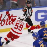 
              Detroit Red Wings left wing Tyler Bertuzzi (59) celebrates his goal during the third period of an NHL hockey game against the Buffalo Sabres, Saturday, Nov. 6, 2021, in Buffalo, N.Y. (AP Photo/Jeffrey T. Barnes)
            