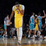 
              Los Angeles Lakers forward Anthony Davis (3) reacts after a foul call during the first half of an NBA basketball game against the Charlotte Hornets in Los Angeles, Monday, Nov. 8, 2021. (AP Photo/Ashley Landis)
            