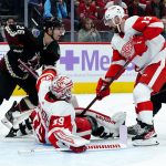 
              Detroit Red Wings goaltender Alex Nedeljkovic, front left, makes a save on a shot by Arizona Coyotes left wing Antoine Roussel (26) as Red Wings defenseman Filip Hronek (17) helps defend during the first period of an NHL hockey game Saturday, Nov. 20, 2021, in Glendale, Ariz. (AP Photo/Ross D. Franklin)
            