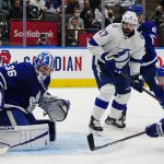 
              Toronto Maple Leafs goaltender Jack Campbell (36) makes a save as Tampa Bay Lightning's Alex Killorn (17) and Maple Leafs' T.J. Brodie (78) look on during first-period NHL hockey game action in Toronto, Thursday, Nov. 4, 2021. (Frank Gunn/The Canadian Press via AP)
            