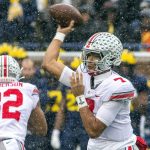 
              Ohio State quarterback C.J. Stroud (7) throws a pass in the second quarter of an NCAA college football game against Michigan in Ann Arbor, Mich., Saturday, Nov. 27, 2021. (AP Photo/Tony Ding)
            