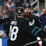 
              San Jose Sharks center Tomas Hertl (48) celebrates with Brent Burns (88), who scored a goal against the St. Louis Blues during the first period of an NHL hockey game Thursday, Nov. 4, 2021, in San Jose, Calif. (AP Photo/Josie Lepe)
            