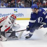 
              Washington Capitals goaltender Vitek Vanecek, of Czech Republic, makes a save against Tampa Bay Lightning's Brayden Point during the second period of an NHL hockey game Monday, Nov. 1, 2021, in Tampa, Fla. (AP Photo/Mike Carlson)
            