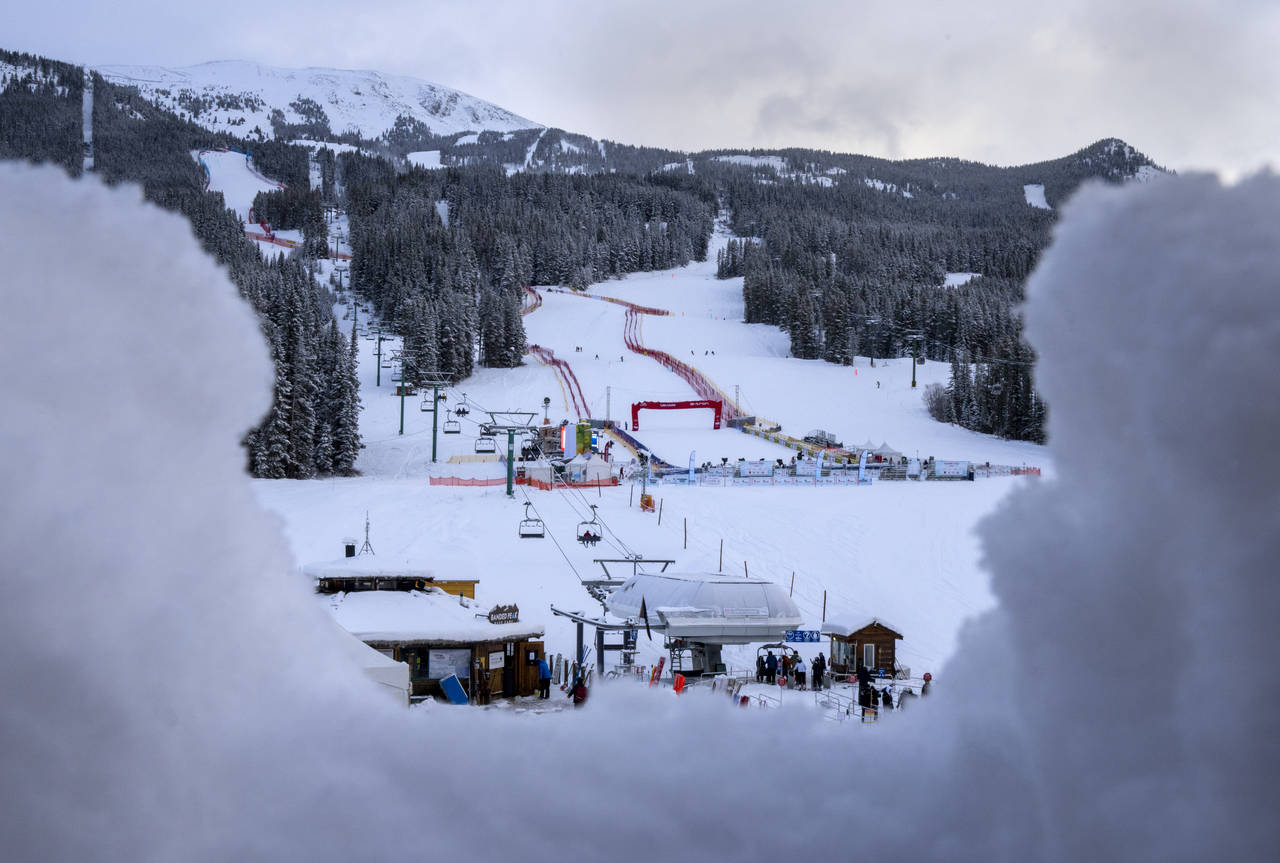 The race course is framed by fresh snowfall after the cancelation of the FIS World Cup downhill ski...