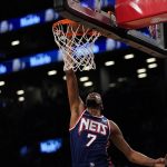 
              Brooklyn Nets forward Kevin Durant dunks during the second half of an NBA basketball game against the New York Knicks, Tuesday, Nov. 30, 2021, in New York. The Nets won 112-110. (AP Photo/Mary Altaffer)
            