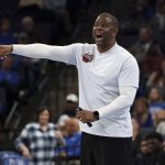 
              North Carolina Central head coach Levelle Moton shouts to his players in the first half of an NCAA college basketball game against Memphis, Saturday, Nov. 13, 2021, in Memphis, Tenn. (AP Photo/Karen Pulfer Focht)
            