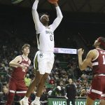 
              Baylor forward Flo Thamba dunks the ball against Stanford in the second half of an NCAA college basketball game, Saturday, Nov. 20, 2021, in Waco, Texas. (AP Photo/Jerry Larson)
            