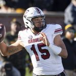 
              South Carolina quarterback Jason Brown throws a pass during the first quarter of an NCAA college football game against Missouri, Saturday, Nov. 13, 2021, in Columbia, Mo. (AP Photo/L.G. Patterson)
            