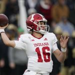 
              Indiana quarterback Grant Gremel throws during the first half of an NCAA college football game against Purdue, Saturday, Nov. 27, 2021, in West Lafayette, Ind.(AP Photo/Darron Cummings)
            