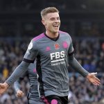 
              Leicester City's Harvey Barnes celebrates scoring during the English Premier League soccer match between Leeds and Leicester Citt at Elland Road, Leeds, England, Sunday Nov. 7, 2021. (Richard Sellers/PA via AP)
            