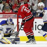 
              Carolina Hurricanes' Andrei Svechnikov (37) has his shot blocked by St. Louis Blues goaltender Joel Hofer (1) with Blues' Marco Scandella (6) nearby during the first period of an NHL hockey game in Raleigh, N.C., Saturday, Nov. 13, 2021. (AP Photo/Karl B DeBlaker)
            