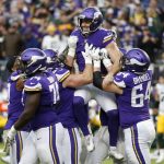 
              Minnesota Vikings kicker Greg Joseph, center, celebrates with teammates after kicking a 29-yard field goal on the final play of an NFL football game against the Green Bay Packers, Sunday, Nov. 21, 2021, in Minneapolis. The Vikings won 34-31. (AP Photo/Bruce Kluckhohn)
            