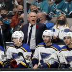 
              St. Louis Blues coach Craig Berube shouts during the first period of the team's NHL hockey game against the San Jose Sharks on Thursday, Nov. 4, 2021, in San Jose, Calif. (AP Photo/Josie Lepe)
            