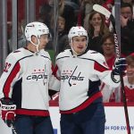 
              Washington Capitals defenseman Dmitry Orlov, right, celebrates his goal with Evgeny Kuznetsov (92) against the Detroit Red Wings in the first period of an NHL hockey game Thursday, Nov. 11, 2021, in Detroit. (AP Photo/Paul Sancya)
            