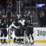 
              Los Angeles Kings celebrate a 4-3 win in a shootout against the St. Louis Blues in an NHL hockey game Wednesday, Nov. 3, 2021, in Los Angeles. (AP Photo/Kyusung Gong)
            